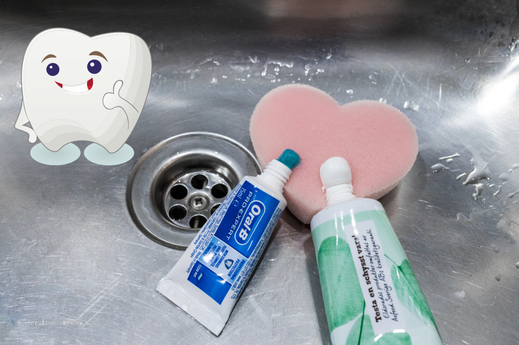 Tandkräm som ger problem i munnen, använd som städmaterial. Oral-B Pro Expert och Eldorado Tandkräm Fresh Mint.