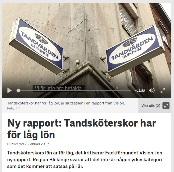 SVT Blekinge: Ny rapport: Tandsköterskor har för låg lön