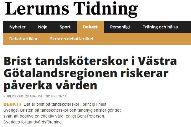  Lerums Tidning om att bristen på tandsköterskor påverkar vårdeni Västra Götaland, 2018-08-28.