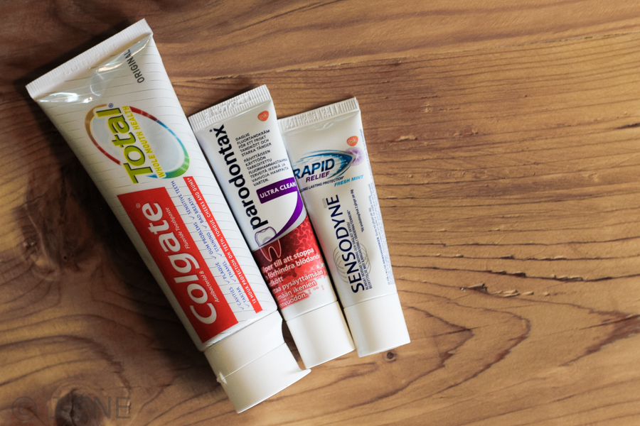 Tandkräm Colgate Total, Parodontax, Sensodyne Rapid Relief.