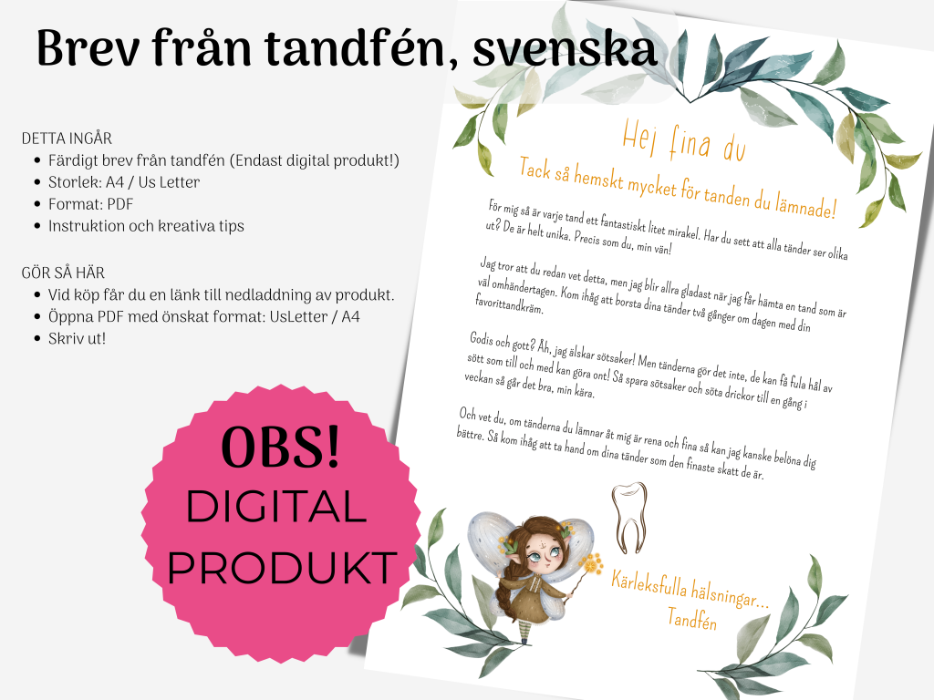 Brev från tandfén. Digital produkt, skriv ut hemma. Etsy Shop The Swedish Tooth Fairy