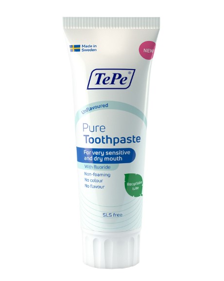 TePe Pure tandkräm utan smak och skummedel med fluor.